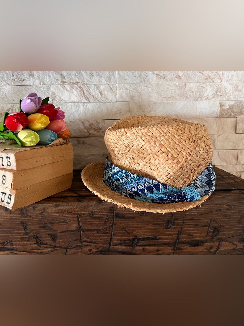 Chico's Raffia Fedora with Blue Patterned Band